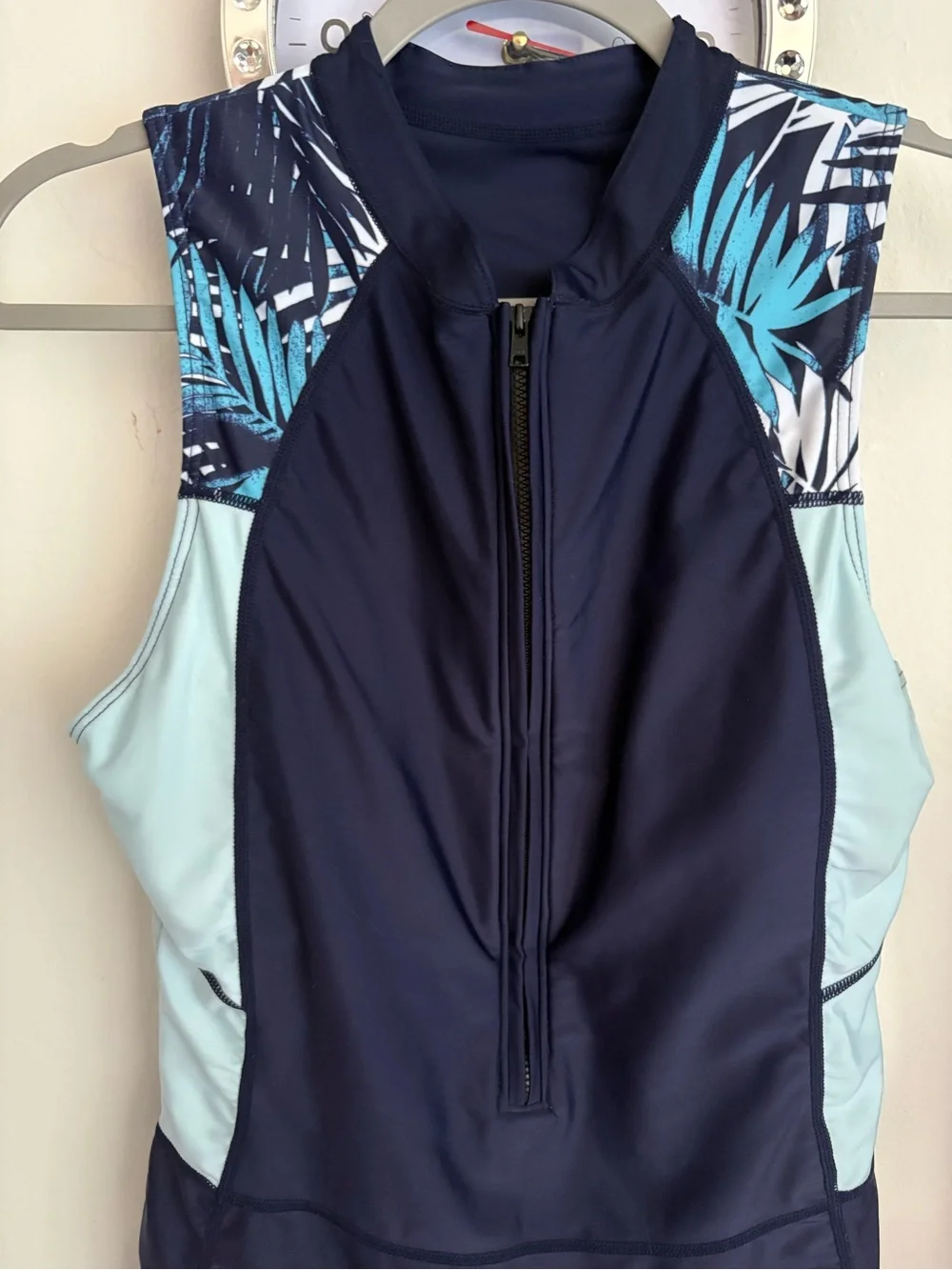 Women's Navy and Light Blue Front-Zip One-Piece Swim Romper